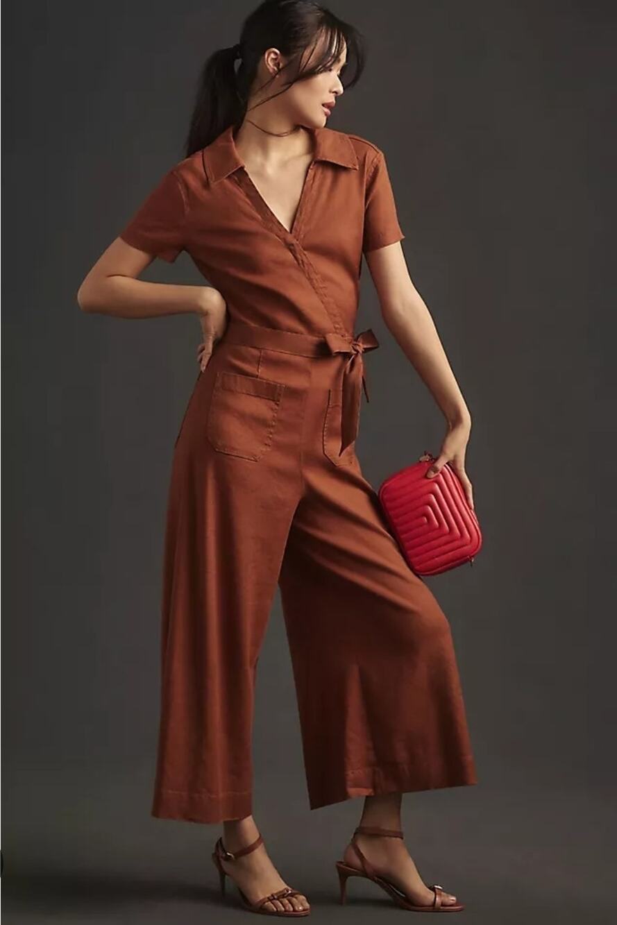 Anthropologie Maeve Colette *In Burnt Orange* Linen Blend Wrap Jumpsuit US 0